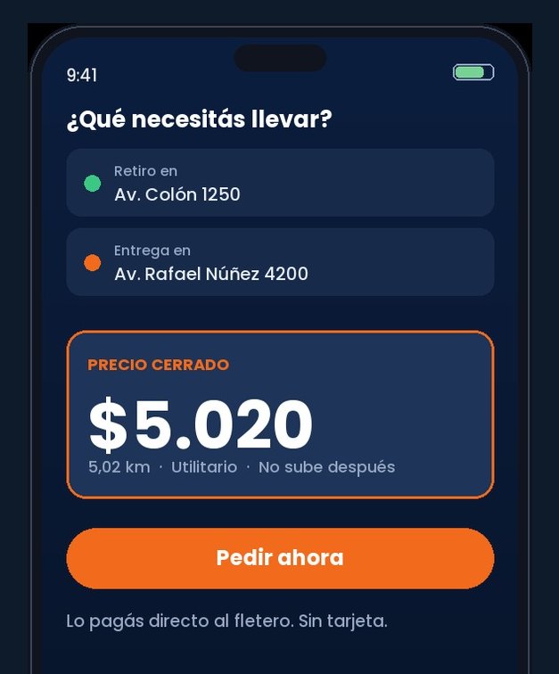 La app mostrando el precio cerrado de un envío